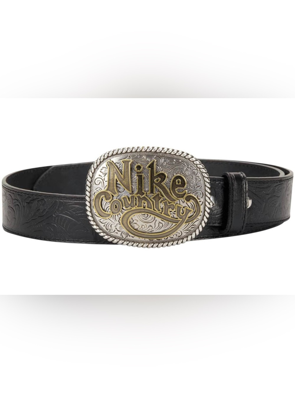 Nike Black Leather Belt with Two-Tone Ornate Buckle